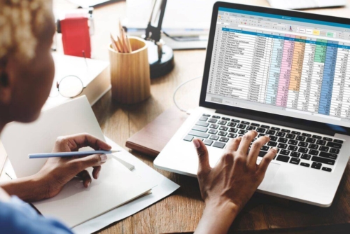 Woman managing software licenses in the spreadsheet on her laptop