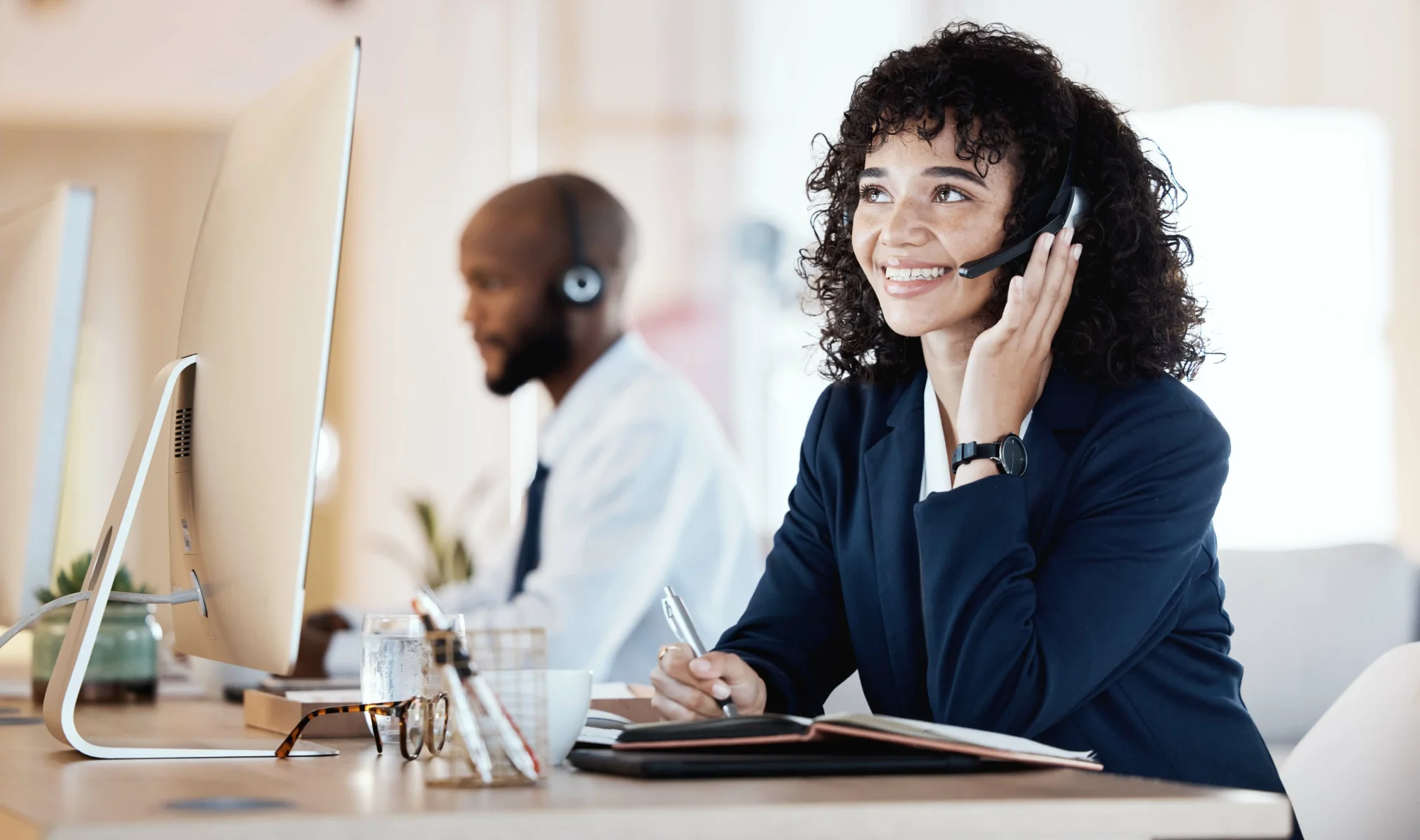 Telecom management support team talking with customers