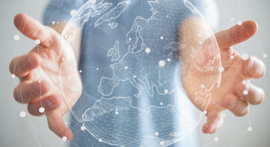 Businessman holding global network on planet earth 3D rendering global mobility management support