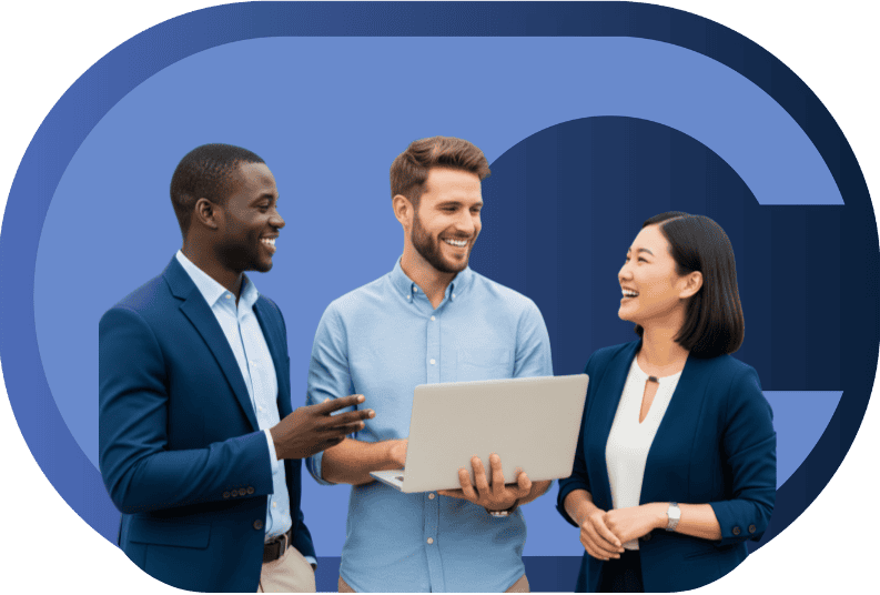 3 people chatting happily in front of the calero logo