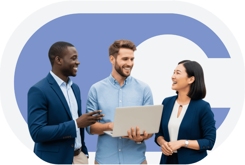 3 people chatting happily in front of the calero logo