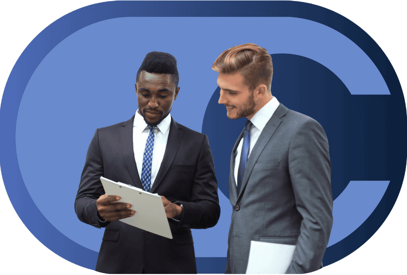 two men looking at a clipboard in front of the Calero logo empowered