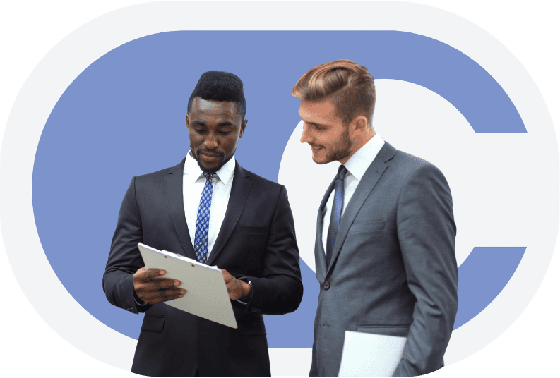 two men looking at a clipboard in front of the Calero logo empowered