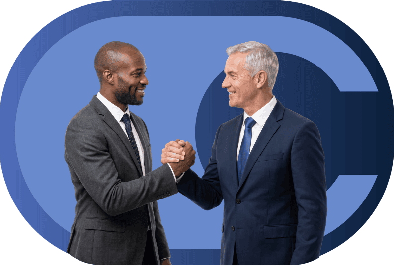 2 men shaking hands successfully in front of the calero logo