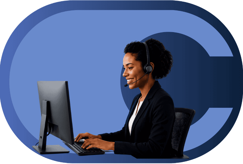 Woman with a headset on the computer in front of the calero logo