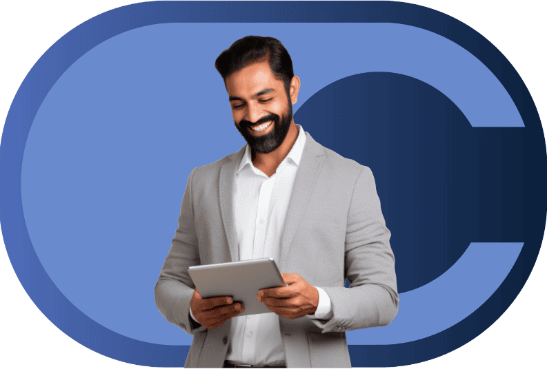 Man looking down at a tablet in front of the calero logo
