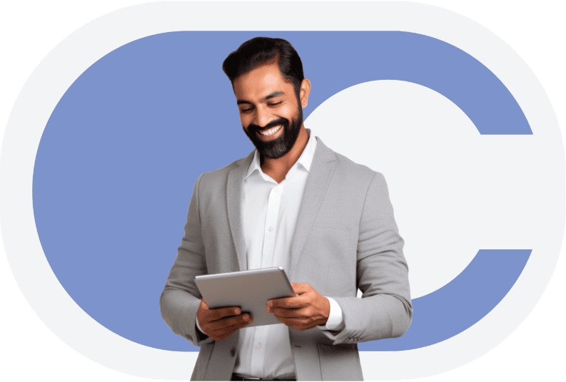 Man looking down at a tablet in front of the calero logo